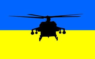 Military helicopter over Ukrainian flag vector