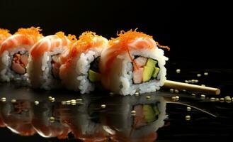 Sushi roll with chopsticks on dark background photo