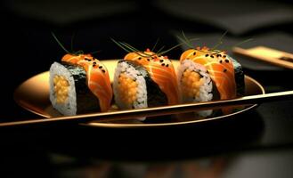 Sushi roll with chopsticks on dark background photo