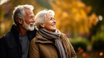 Happy senior couple in autumn park photo