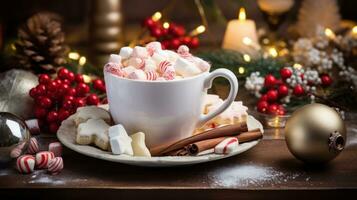 An amazing photo of gourmet hot cocoa in a beautiful Christmas mug