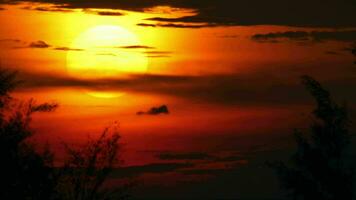 malerisch Sonnenuntergang durch das Wolken. sonnig golden Sonnenuntergang gegen rot Himmel und dunkel Wolken video