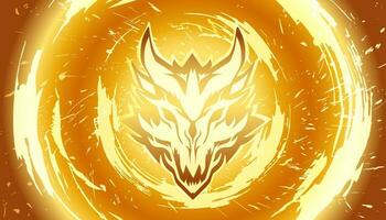 Fiery yellow background background with dragon head, flames and sparks. vector