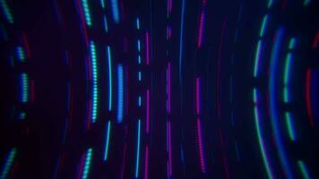 Trendy retro cyberpunk background with glowing pink and blue neon lines, dashed lines and dots moving down the frame. Full HD, looping abstract motion background animation. video