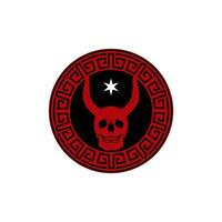 cráneo diablo demonio Satán con cuernos mascota emblema Insignia medallón con chino motivo frontera vector