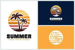 Sunset Beach With Twin Palm for Summer Surf Vacation logo design inspiration vector