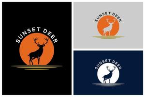Deer Buck Stag Silhouette at The beauty sunset in African Savanna Sunrise or Sunset Nature Wildlife Logo Design vector
