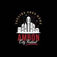 Ambon City of Music Skyline with Guitar Instrument for Music Fest Festival Logo Design vector