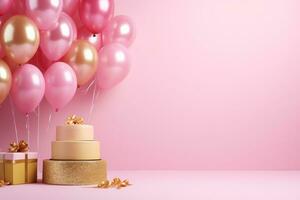 rosado fiesta cumpleaños antecedentes con pastel foto