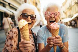 Women having fun and having ice cream cones in the city street, in the style of grandparentcore photo