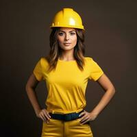 Beautiful female construction worker wearing a yellow hardhat, photo