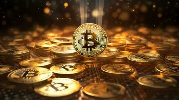 Bitcoin coins on a background of glowing shiny objects photo