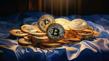 Bitcoin coins on a background of glowing shiny objects photo