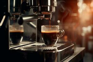 Cup of coffee being drained by espresso brewing machine, photo