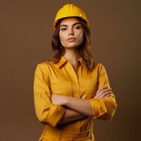 Beautiful female construction worker wearing a yellow hardhat, photo