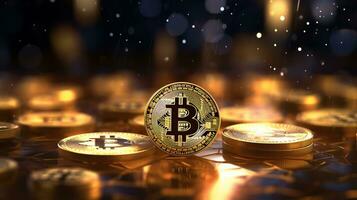 Bitcoin coins on a background of glowing shiny objects photo