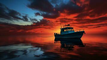 rojo cielo con un naranja barco a el lago foto