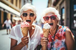 Women having fun and having ice cream cones in the city street, in the style of grandparentcore photo