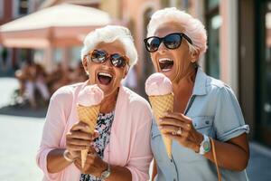 Women having fun and having ice cream cones in the city street, in the style of grandparentcore photo