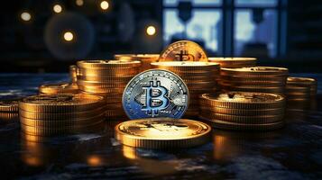 Bitcoin coins on a background of glowing shiny objects photo