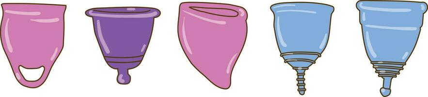 Menstrual cups vector illustration. Cartoon isolated zero waste reusable intimate devices of feminine hygiene, eco friendly container and menstrual cup for menstruation period