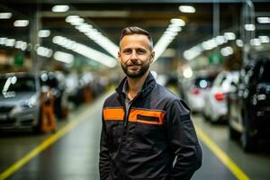 German engineer inspecting a car factory  photo with empty space for text