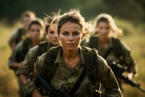 Female soldier training with a group in a field  photo with empty space for text