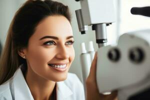 Eye doctor examining a patient's eyes  photo with empty space for text