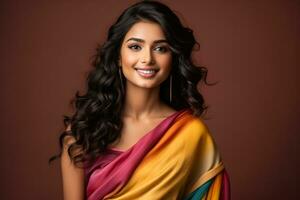 Young Indian woman in a colorful saree  photo with empty space for text