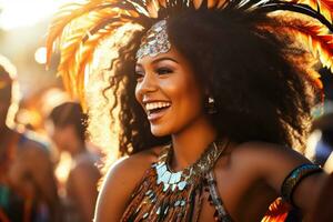 brasileño mujer bailando samba a el carnaval foto con vacío espacio para texto