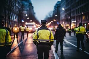 policía oficiales dirigente tráfico en un ocupado ciudad foto con vacío espacio para texto