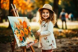 pequeño niña pintura un imagen en el parque foto con vacío espacio para texto