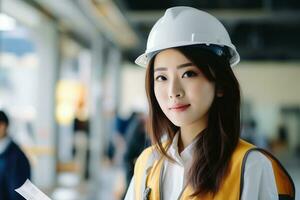 hembra japonés arquitecto supervisando un construcción sitio foto con vacío espacio para texto