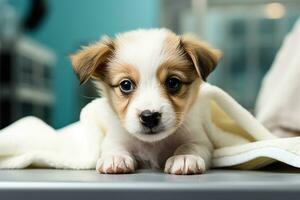 Veterinarian checking a puppy's health  photo with empty space for text