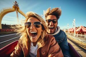 Young couple on a rollercoaster  photo with empty space for text