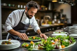 French chef preparing a gourmet meal in a restaurant  photo with empty space for text