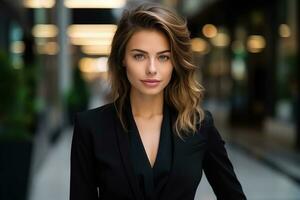 Businesswoman in a sharp suit in a cityscape  photo with empty space for text