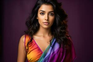 Young Indian woman in a colorful saree  photo with empty space for text