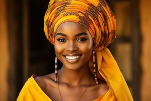 Beautiful African woman smiling in traditional attire  photo with empty space for text