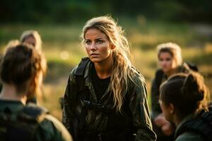 Female soldier training with a group in a field  photo with empty space for text