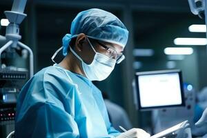 Japanese surgeon performing a robotic surgery  photo with empty space for text