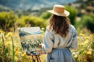 French woman painting a landscape in the countryside  photo with empty space for text