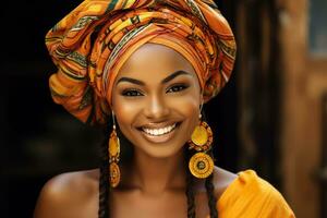 Beautiful African woman smiling in traditional attire  photo with empty space for text