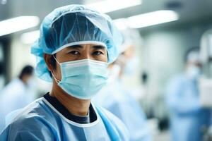 Japanese surgeon performing a robotic surgery  photo with empty space for text