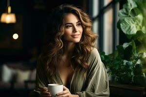 Beautiful woman sipping coffee in a cozy cafe  photo with empty space for text