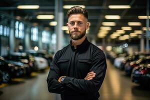 German engineer inspecting a car factory  photo with empty space for text