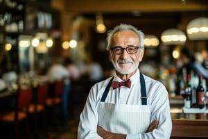 mature retired senior working in restaurant  photo with empty space for text