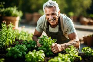 Senior Italian man gardening in his backyard  photo with empty space for text