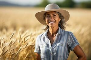 mature woman working on field as farmer  photo with empty space for text