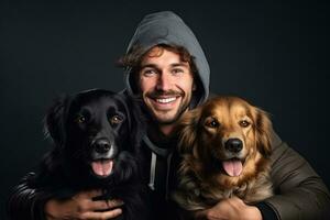 happy male with dogs  photo with empty space for text